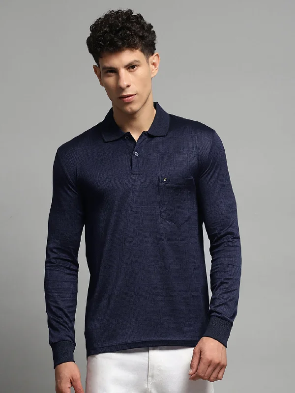 men’s short sleeve shirts with patterns -Men Navy Blue Self Design Collar Full Sleeve Winter T-Shirt