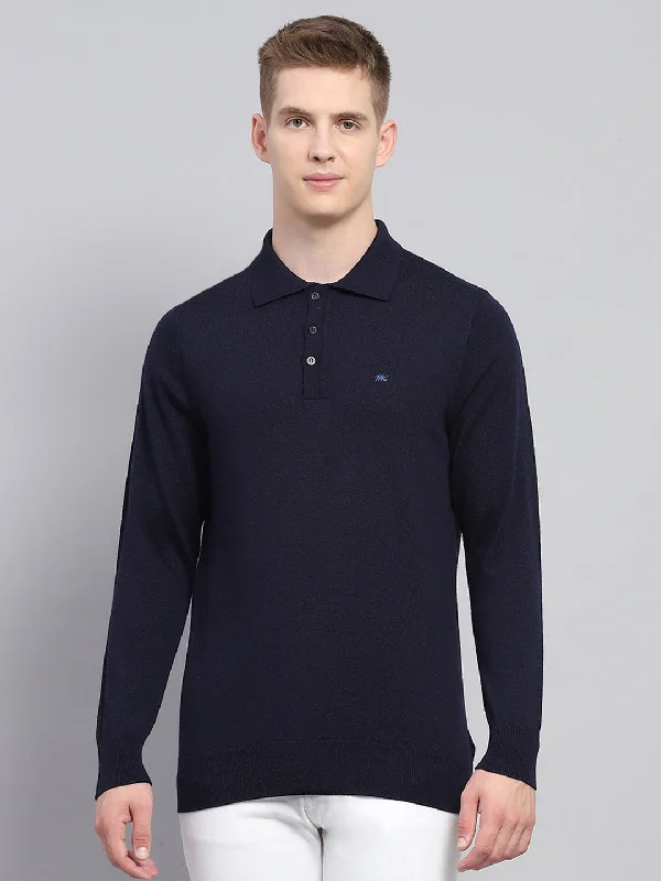 versatile short sleeve shirts for all occasions -Men Navy Blue Solid Collar Full Sleeve Winter T-Shirt