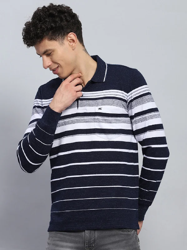 trendy and affordable short sleeve shirts for men -Men Navy Blue Stripe Collar Full Sleeve Winter T-Shirt