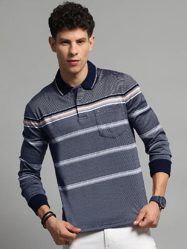 best quality short sleeve shirts for men -Men Navy Blue Stripe Collar Full Sleeve Winter T-Shirt