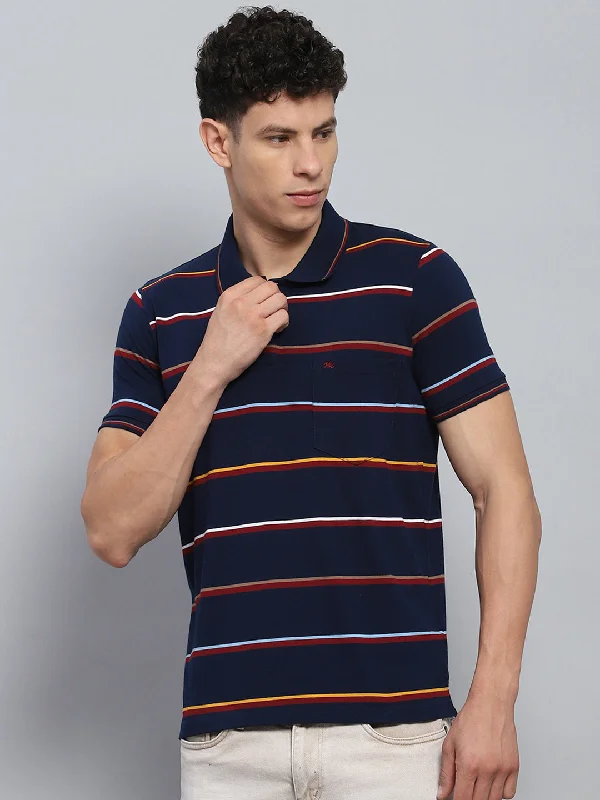 affordable short sleeve t-shirts for casual wear -Men Navy Blue Stripe Collar Half Sleeve T-Shirt