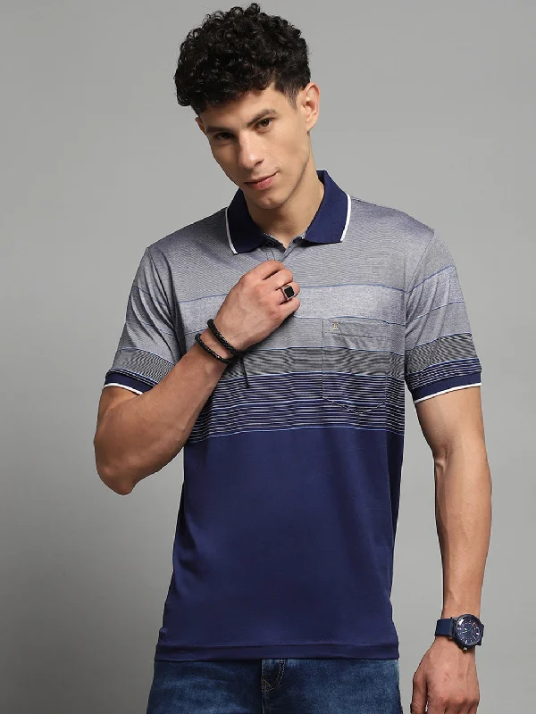 men’s short sleeve shirts with cool prints -Men Navy Blue Stripe Collar Half Sleeve T-Shirt