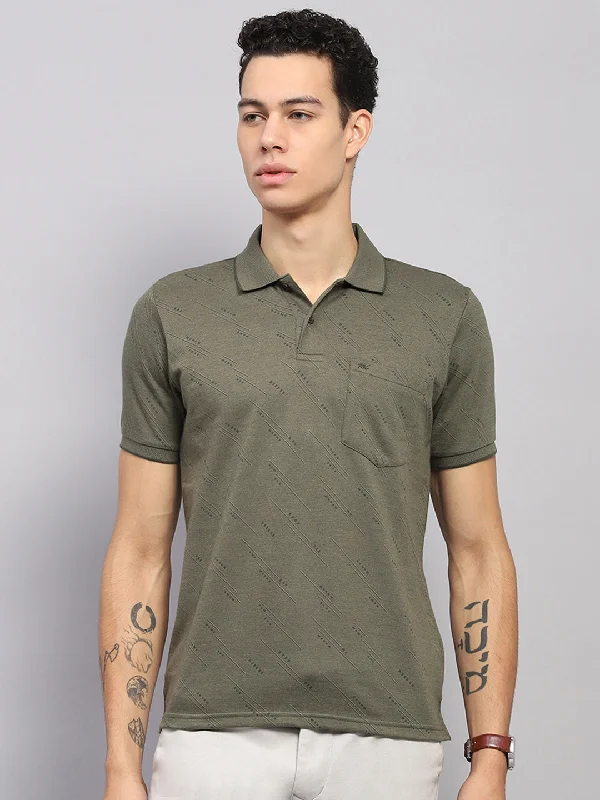 men’s short sleeve shirts for vacation wear -Men Olive Printed Collar Half Sleeve T-Shirt