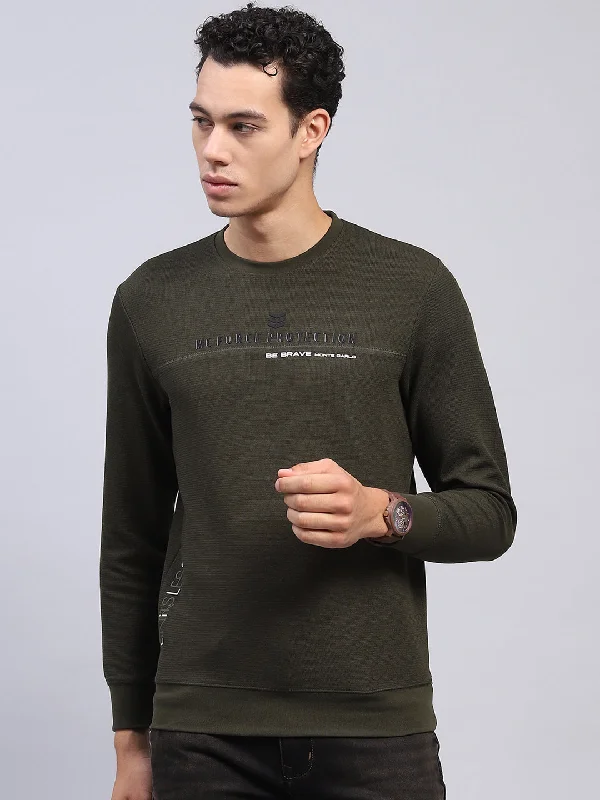 men’s short sleeve shirts with patterns -Men Olive Printed Round Neck Full Sleeve Winter T-Shirt