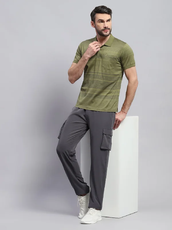 affordable short sleeve shirts for work wear -Men Olive Self Design Collar Half Sleeve T-Shirt