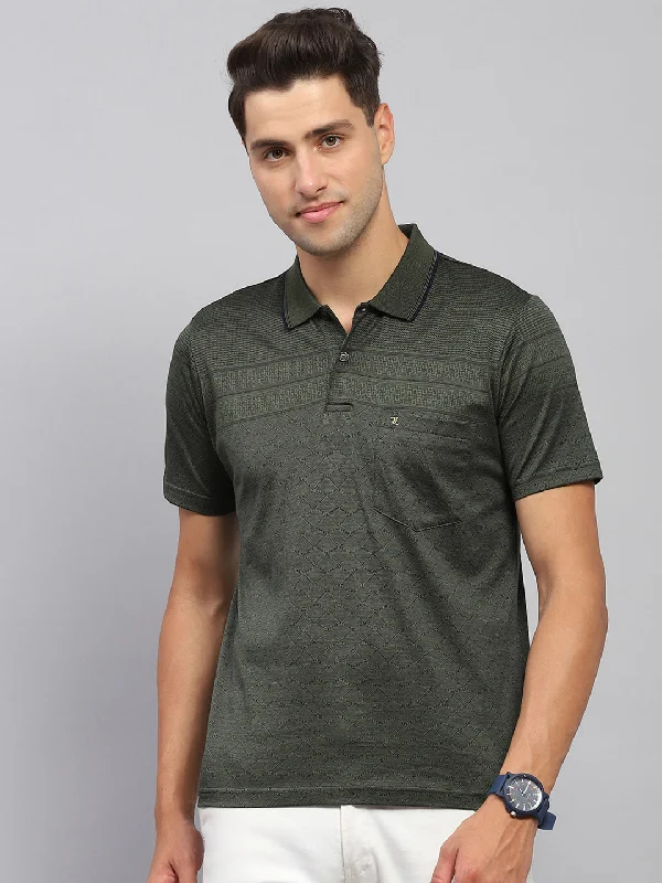 classic short sleeve polo shirts for men -Men Olive Self Design Collar Half Sleeve T-Shirt