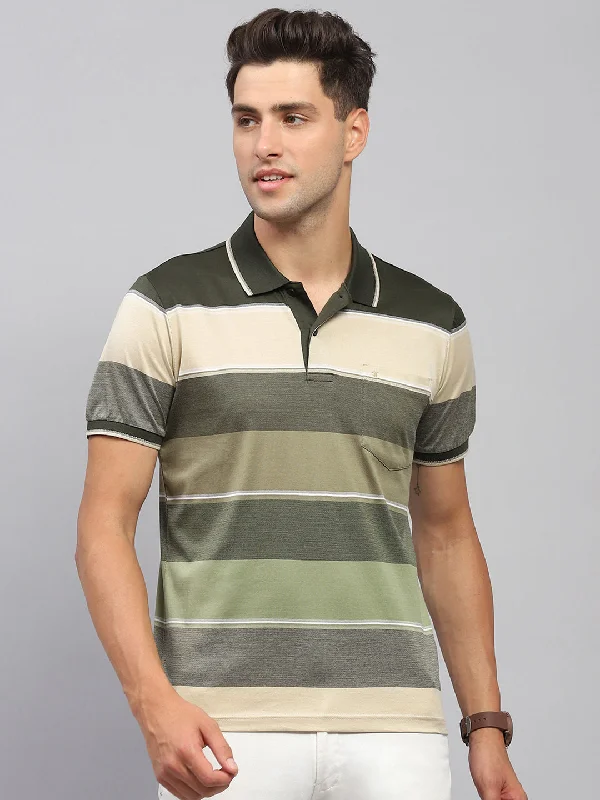 men’s stylish summer short sleeve shirts -Men Olive Stripe Collar Half Sleeve T-Shirt