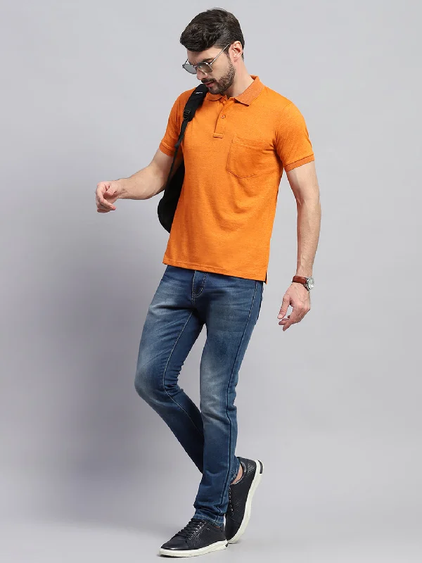 men’s short sleeve work shirts -Men Orange Solid Collar Half Sleeve T-Shirt