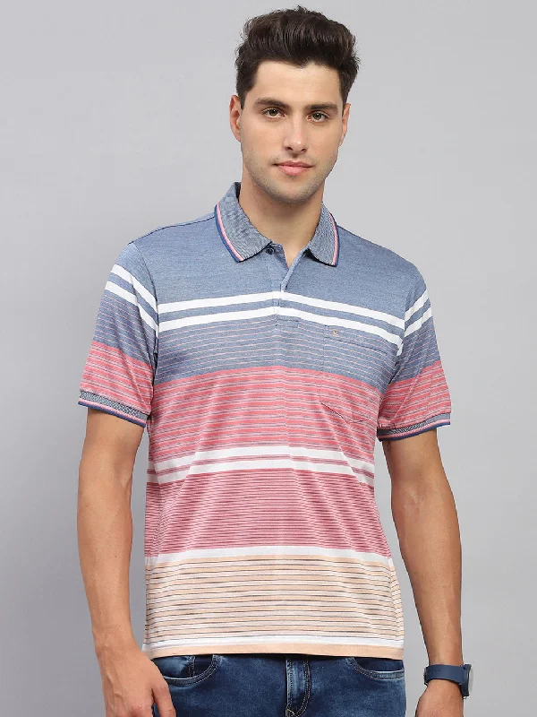 stylish slim fit short sleeve t-shirts -Men Pink & Blue Stripe Collar Half Sleeve T-Shirt