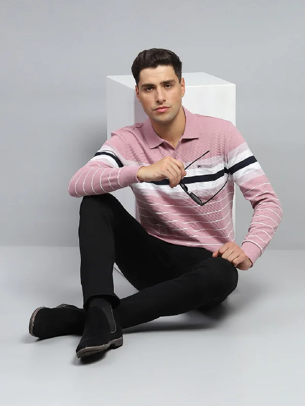 stylish short sleeve shirts for men’s casual wear -Men Pink Stripe Collar Full Sleeve Winter T-Shirt