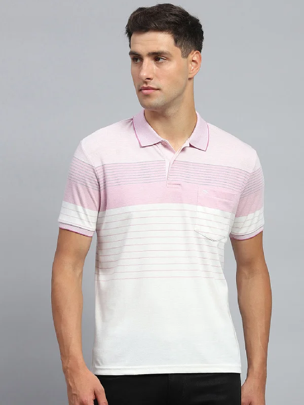 men’s graphic design short sleeve shirts -Men Pink Stripe Collar Half Sleeve T-Shirt