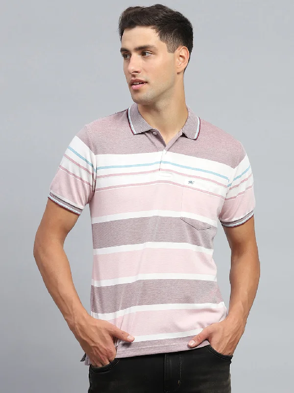 versatile short sleeve shirts for men -Men Pink Stripe Collar Half Sleeve T-Shirt