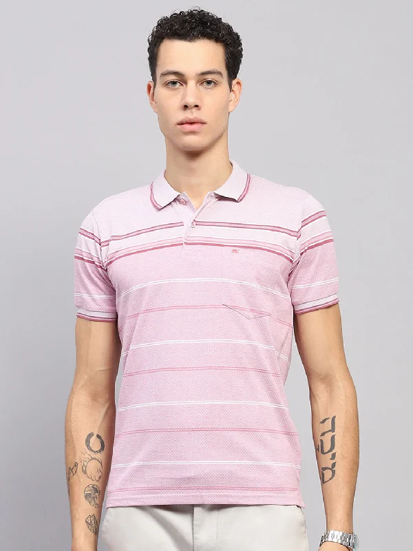 comfortable casual short sleeve shirts for men -Men Pink Stripe Collar Half Sleeve T-Shirt