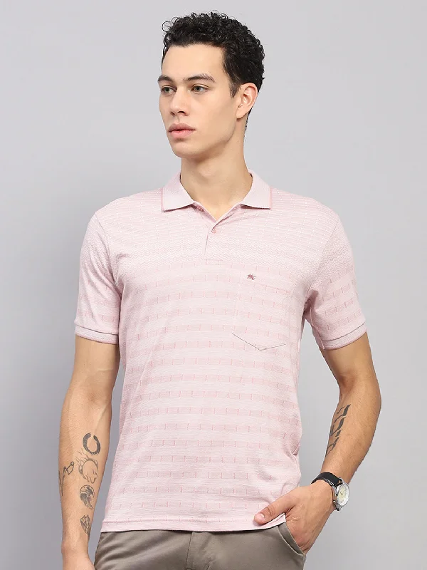 versatile men’s short sleeve shirts for daily wear -Men Pink Stripe Collar Half Sleeve T-Shirt