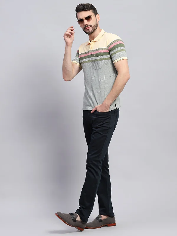 trendy short sleeve shirts for casual wear -Men Yellow & Olive Stripe Collar Half Sleeve T-Shirt