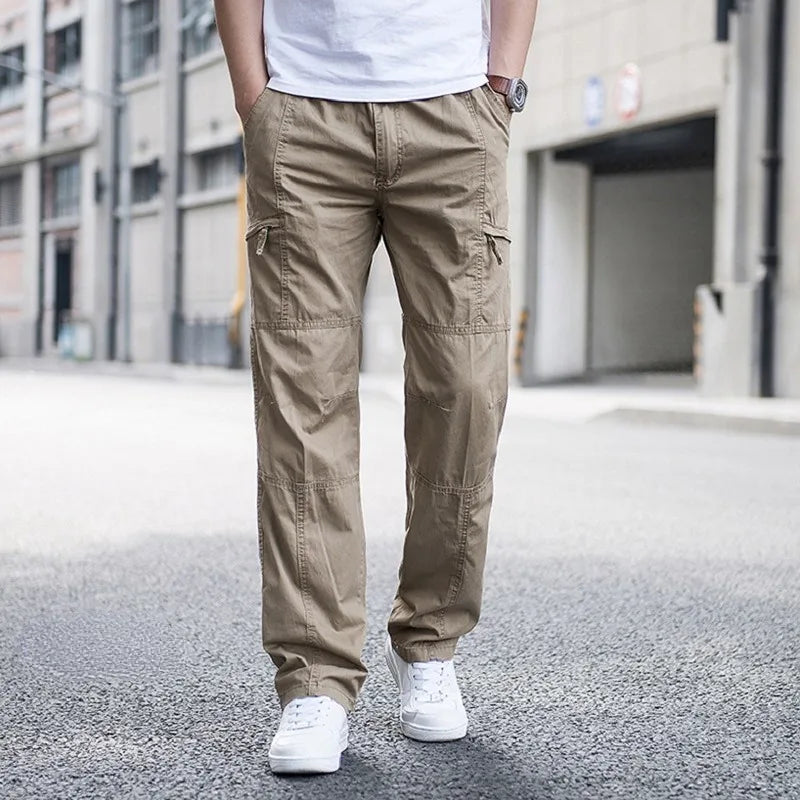 Men's pants with sharp design-Men's Cotton Elastic Waist Closure Plain Pattern Casual Trousers