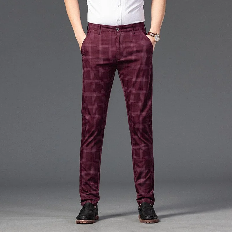 Men's pants for tough jobs-Men's Polyester Zipper Fly Closure Plaid Pattern Formal Pants