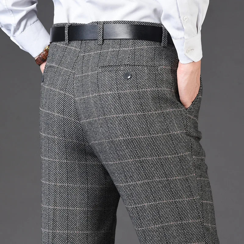 Men's pants with calm fit-Men's Rayon High Waist Zipper Fly Closure Plaid Casual Pants