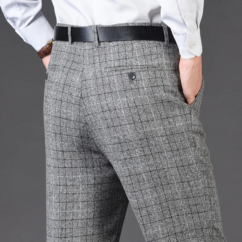 Men's pants for corporate-Men's Rayon High Waist Zipper Fly Closure Plaid Formal Pants