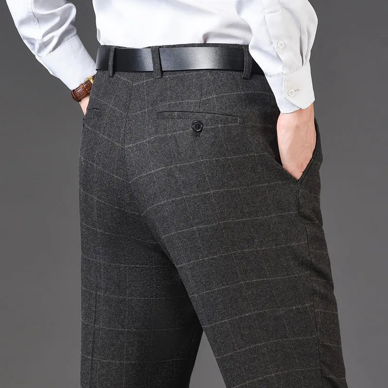 Men's pants with edgy style-Men's Rayon High Waist Zipper Fly Closure Plaid Formal Pants