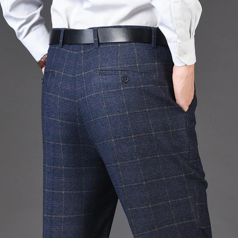 Men's pants with athletic vibe-Men's Rayon High Waist Zipper Fly Closure Plaid Formal Pants