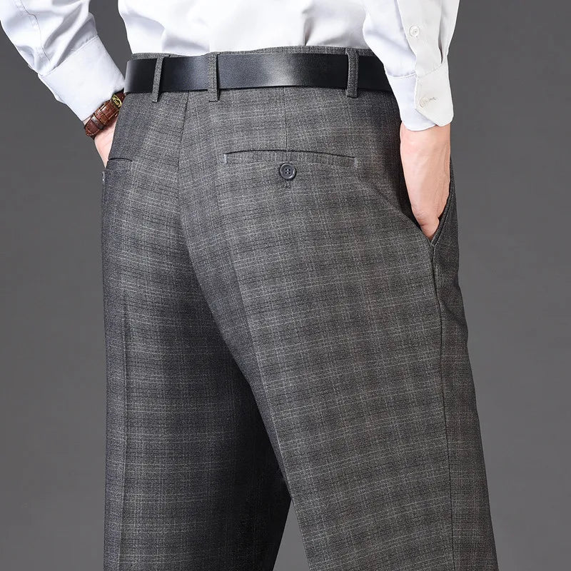 Men's pants for boardrooms-Men's Rayon High Waist Zipper Fly Closure Plaid Formal Pants