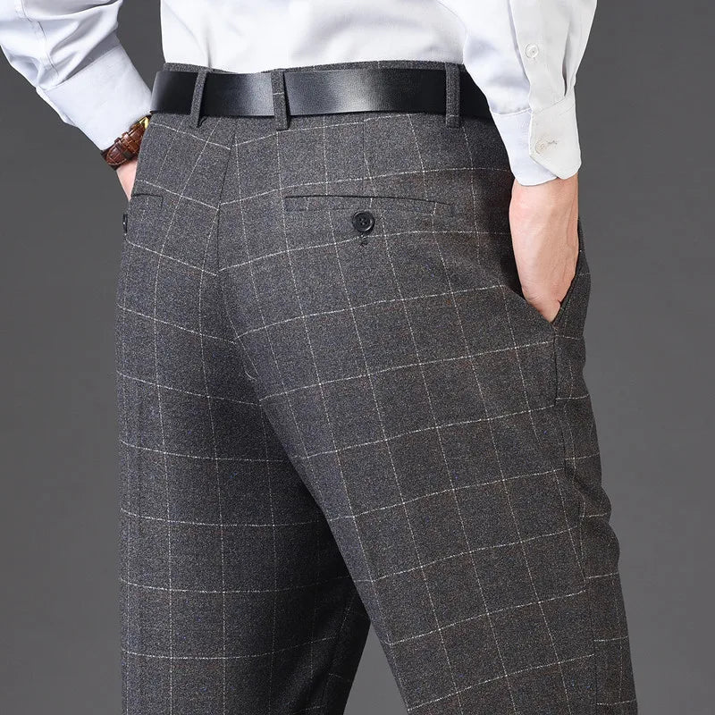 Men's pants with chill vibe-Men's Rayon High Waist Zipper Fly Closure Plaid Formal Pants