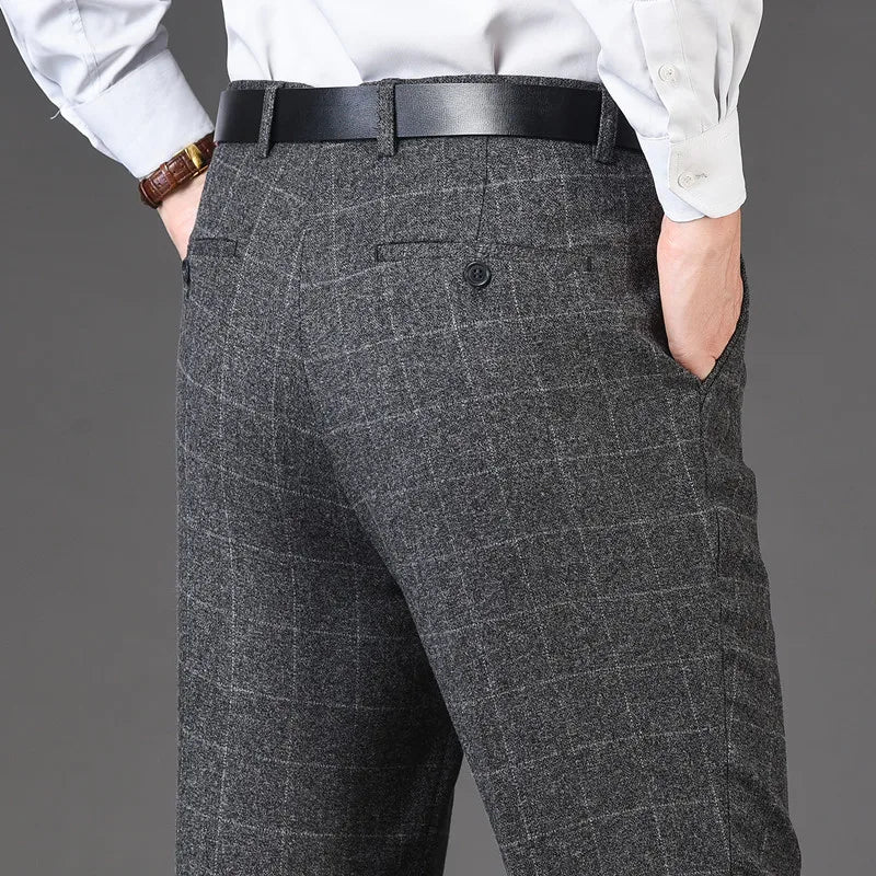 Men's pants for city life-Men's Rayon High Waist Zipper Fly Closure Plaid Formal Pants