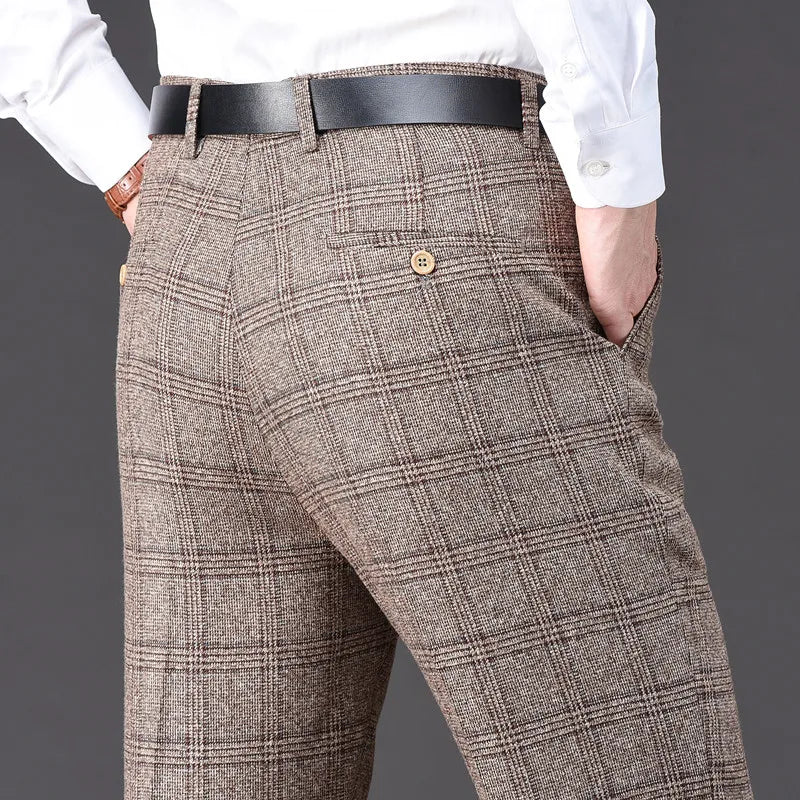 Men's pants for husky builds-Men's Rayon High Waist Zipper Fly Closure Plaid Formal Pants