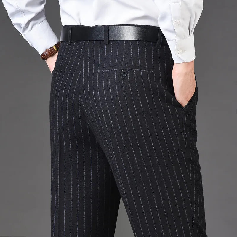 Men's pants for college guys-Men's Rayon High Waist Zipper Fly Closure Striped Formal Pants