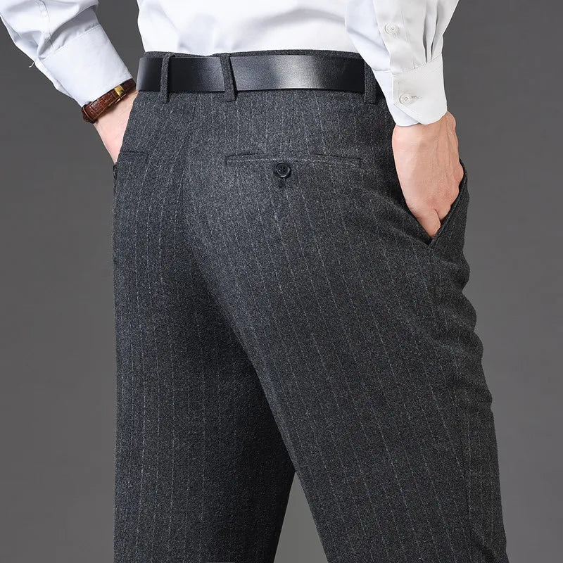 Men's pants sustainable fabric-Men's Rayon High Waist Zipper Fly Closure Striped Formal Pants