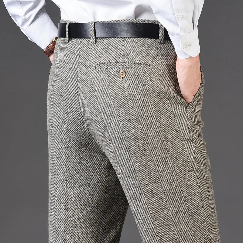 Men's pants slate grey-Men's Rayon High Waist Zipper Fly Closure Striped Formal Pants