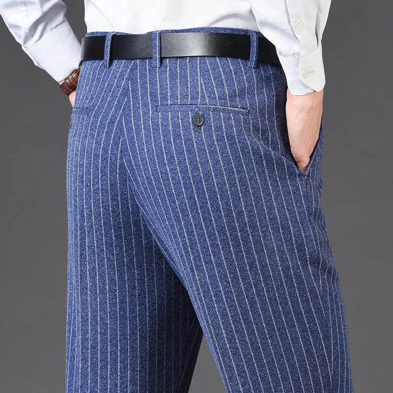 Men's pants for weddings-Men's Rayon High Waist Zipper Fly Closure Striped Formal Pants