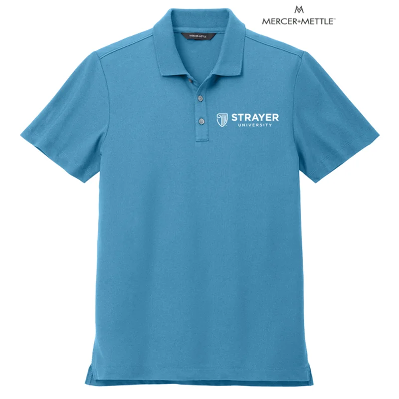 stylish and breathable short sleeve shirts -NEW STRAYER Mercer+Mettle™ Stretch Pique Polo - Parisian Blue