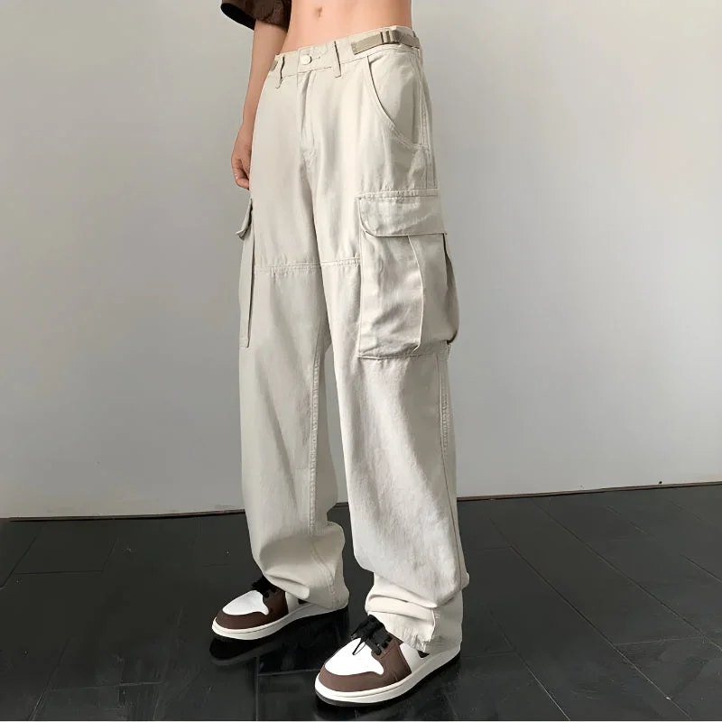 Men's pants with smooth front-Side Belt Detailed Baggy Cargo Pants