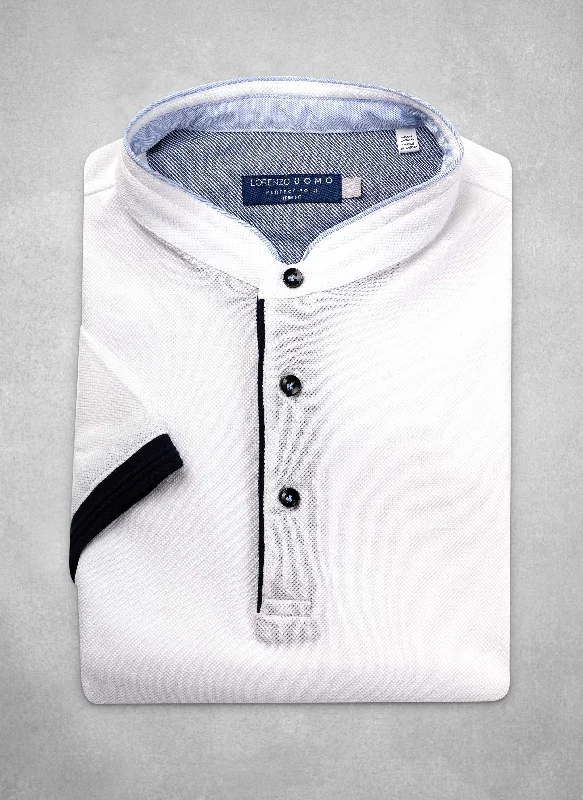 men’s stylish short sleeve button shirts -The Perfect Polo Shirt in Optic White with Banded Collar