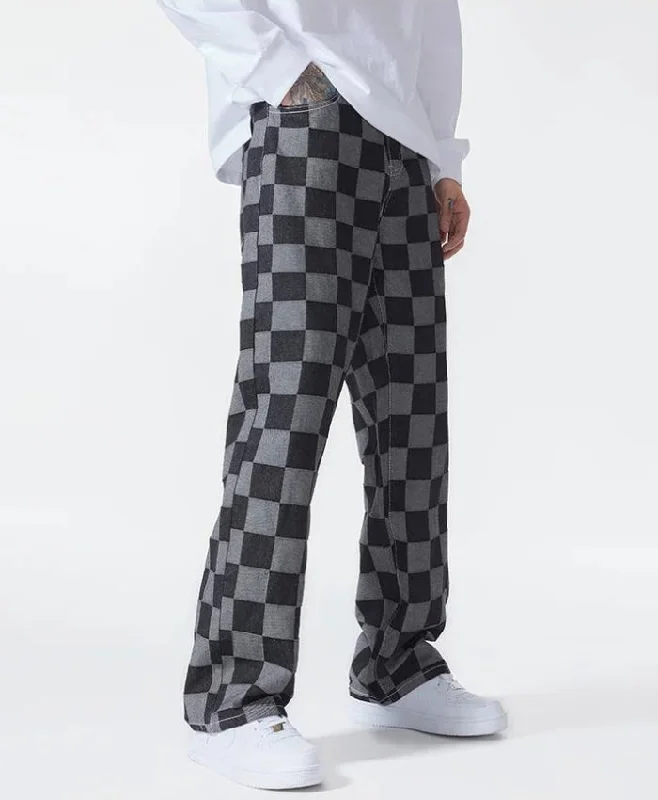 Men's pants for boardrooms-Y2K Checkered Black Pants